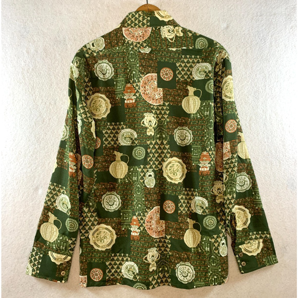 Vintage 70s Sears Mens Shirt Sz‎ M Tiki Print Art Deco Daggar Grunge Rockabilly - Picture 11 of 13